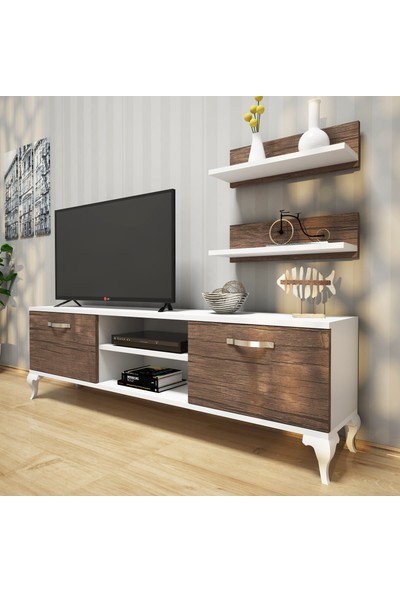 Rani A4 Duvar Raflı Tv Sehpası Kitaplıklı Tv Ünitesi Modern Ayaklı Tasarım 150 cm Beyaz - Hitit Ceviz