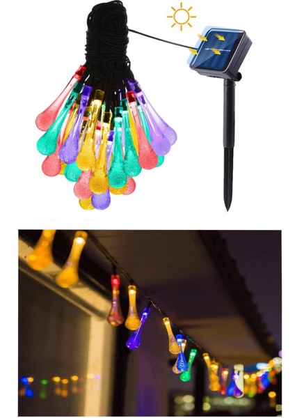 20 LED 5 Metre Renkli Su Damlacığı Güneş Enerjili Bahçe Balkon Aydınlatması