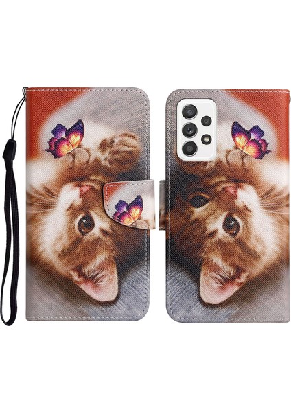 Boyalı Desen Deri Kılıf Samsung Galaxy A72 5g / 4g Kelebek Kedi Için modelleri