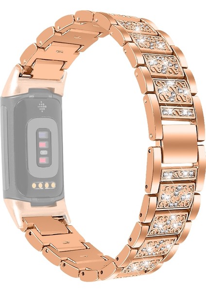Fitbit Charge 5 Için Elmas Paslanmaz Çelik Kordonlu Saat Altın Gül (Yurt Dışından)