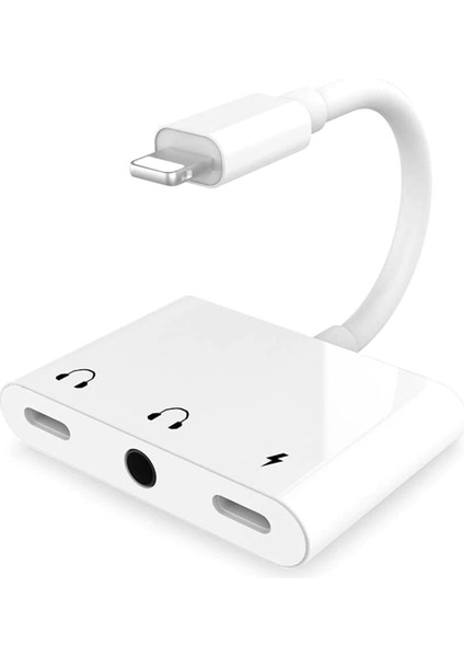 8pin 3in1 Lightning To 3.5mm Aux + Lightnin Ses + Lightning Şarj Dönüştürücü Adaptörü Beyaz