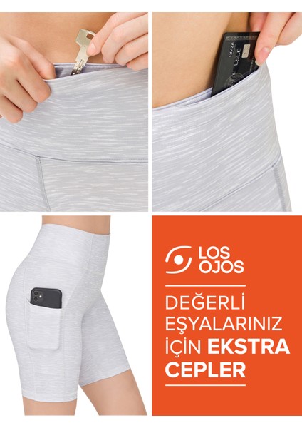 Kadın Melanj Gri Yüksek Bel Toparlayıcı Çift Cepli Biker Şort Kısa Spor Tayt fırsatları