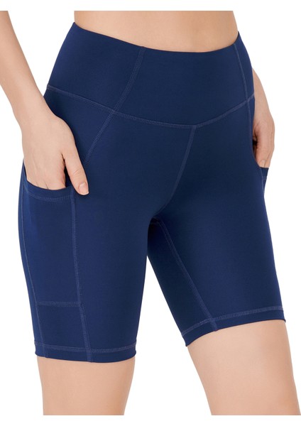Kadın Lacivert Yüksek Bel Toparlayıcı Çift Cepli Biker Şort Kısa Spor Tayt