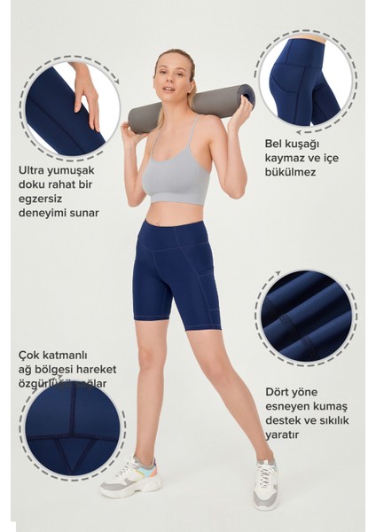 Kadın Lacivert Yüksek Bel Toparlayıcı Çift Cepli Biker Şort Kısa Spor Tayt modelleri