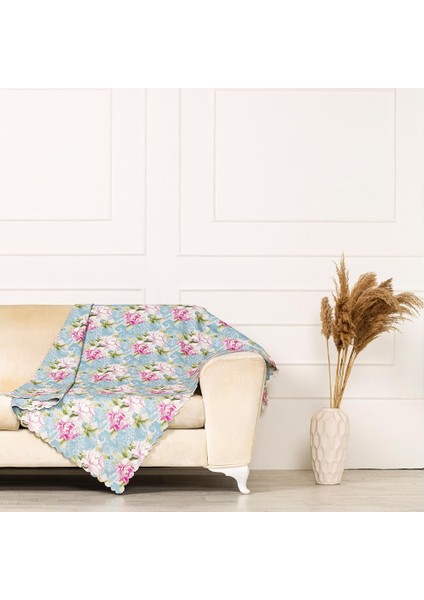 Mint Zeminli Kiremit Yeşil Renkli Sarmaşık Gül Desenli Dokuma Dijital Baskılı Kadife Şönil Koltuk Şalı Örtüsü Battal Boy 175x300cm
