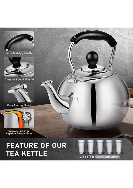 2.5l Paslanmaz Çelik Cilalı Islık Çalan Çaydanlık - Gri (Yurt Dışından)