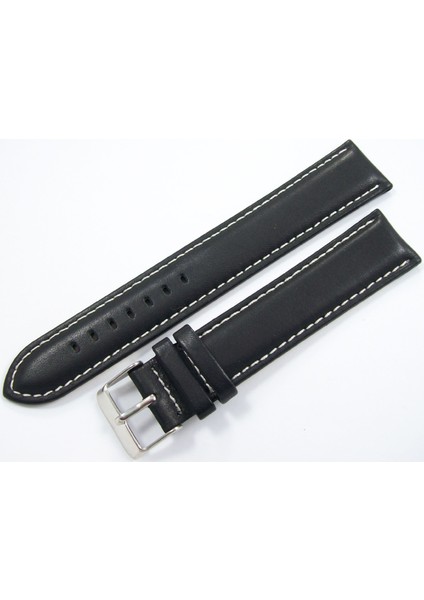 Bizon Deri Düz Saat Kordonu Beyaz Dikişli 20 mm Siyah