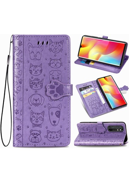 Kılıf Xiaomi Mi Not 10 Lite Flip Cüzdan Kabartmalı Kapak Etui Housse Kedi Köpek Deseni - Mor (Yurt Dışından)