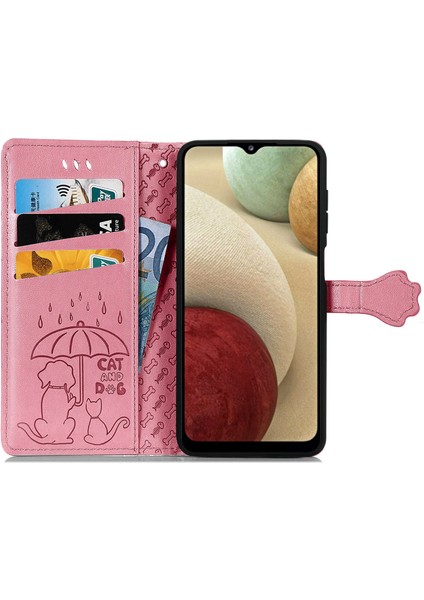 Kılıf Samsung Galaxy A12 Flip Cüzdan Kabartmalı Kapak Etui Housse Kedi Köpek Desen - Pembe (Yurt Dışından) modelleri