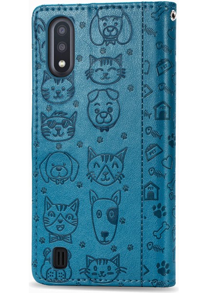 Kılıf Samsung Galaxy A01 Çevir Cüzdan Kabartmalı Kapak Etui Housse Kedi Köpek Desen - Mavi (Yurt Dışından) modelleri