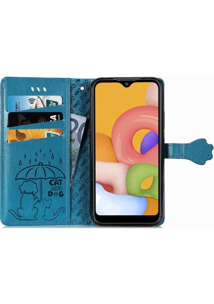 Kılıf Samsung Galaxy A01 Çevir Cüzdan Kabartmalı Kapak Etui Housse Kedi Köpek Desen - Mavi (Yurt Dışından) fırsatları