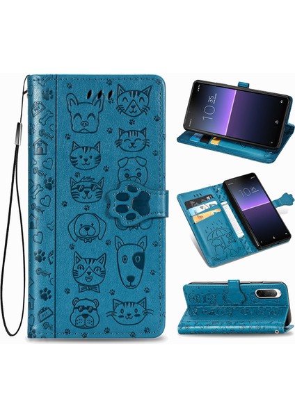 Kılıf Sony Xperia 10 Iı Flip Cüzdan Kabartmalı Kapak Etui Housse Kedi Köpek Desen - Mavi (Yurt Dışından)