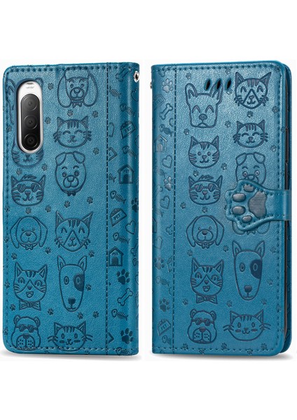 Kılıf Sony Xperia 10 Iı Flip Cüzdan Kabartmalı Kapak Etui Housse Kedi Köpek Desen - Mavi (Yurt Dışından) fırsatları