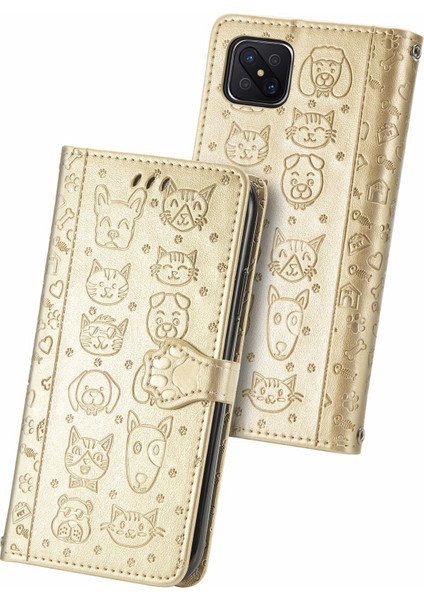 Oppo A92S Için Kılıf Çevir Cüzdan Kabartmalı Kapak Etui Housse Kedi Köpek Desen - Altın (Yurt Dışından)