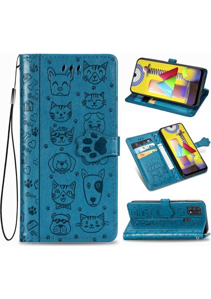 Dava Samsung Galaxy M31 Çevir Cüzdan Kabartmalı Kapak Etui Housse Kedi Köpek Desen - Mavi (Yurt Dışından)
