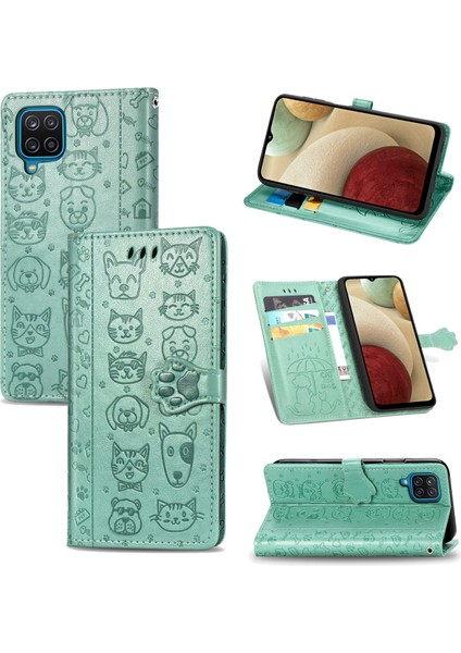 Kılıf Samsung Galaxy A12 Çevir Cüzdan Kabartmalı Kapak Etui Housse Kedi Köpek Desen - Yeşil (Yurt Dışından)