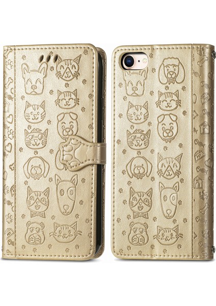 Dava iPhone Se 2020/8/7 Flip Cüzdan Kabartmalı Kapak Etui Housse Kedi Köpek Desen - Altın (Yurt Dışından)