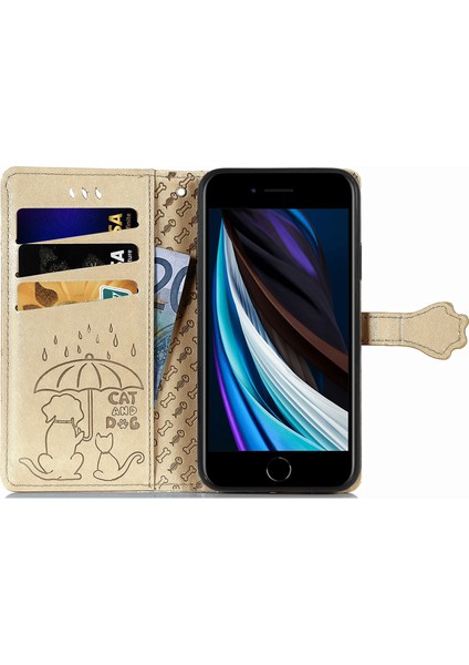 Dava iPhone Se 2020/8/7 Flip Cüzdan Kabartmalı Kapak Etui Housse Kedi Köpek Desen - Altın (Yurt Dışından)