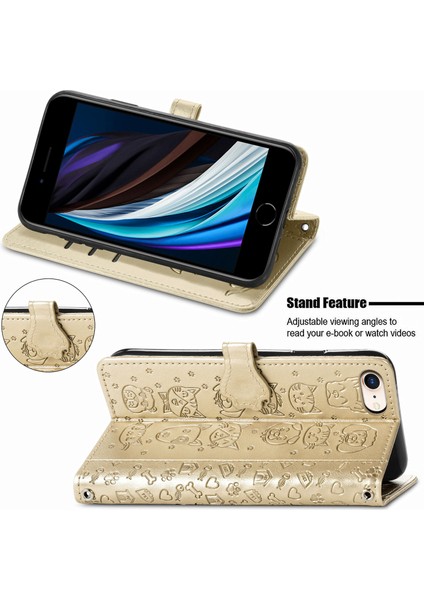 Dava iPhone Se 2020/8/7 Flip Cüzdan Kabartmalı Kapak Etui Housse Kedi Köpek Desen - Altın (Yurt Dışından)
