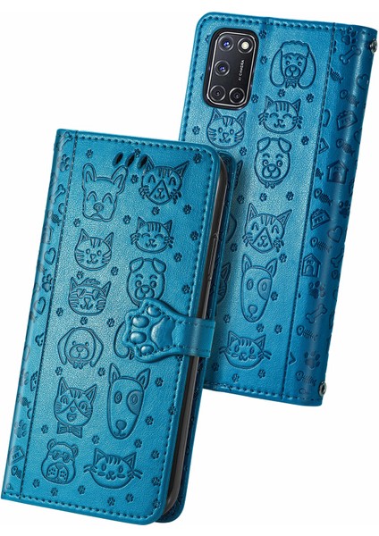 Oppo A52 / A72 / A92 Flip Cüzdan Kabartmalı Kapak Etui Housse Kedi Köpek Desen - Mavi (Yurt Dışından)