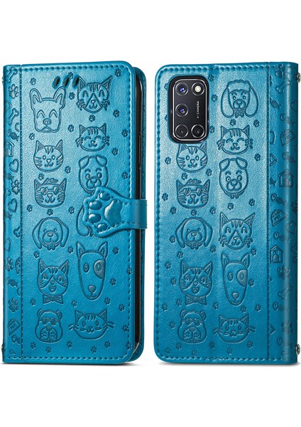 Oppo A52 / A72 / A92 Flip Cüzdan Kabartmalı Kapak Etui Housse Kedi Köpek Desen - Mavi (Yurt Dışından) fiyatları