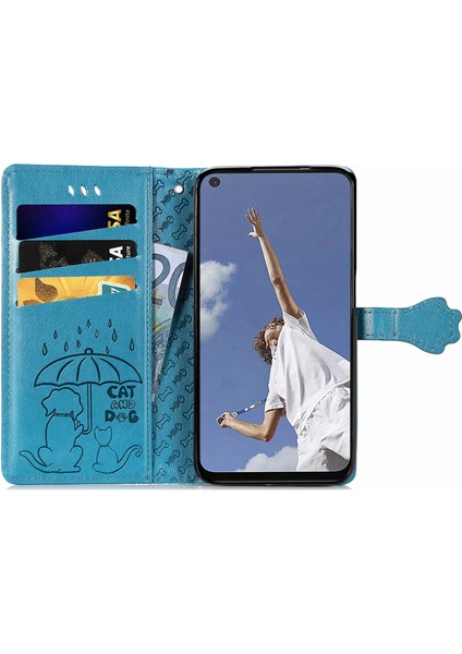 Oppo A52 / A72 / A92 Flip Cüzdan Kabartmalı Kapak Etui Housse Kedi Köpek Desen - Mavi (Yurt Dışından) modelleri