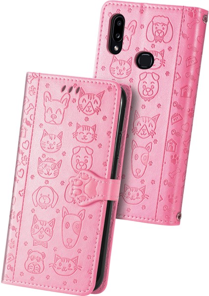 Kılıf Samsung Galaxy A10S Çevir Cüzdan Kabartmalı Kapak Etui Housse Kedi Köpek Desen - Pembe (Yurt Dışından)