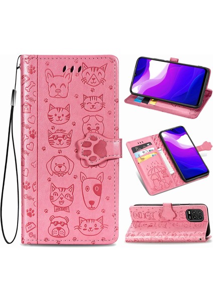 Kılıf Xiaomi Mi 10 Lite Flip Cüzdan Kabartmalı Kapak Etui Housse Kedi Köpek Deseni - Pembe (Yurt Dışından)