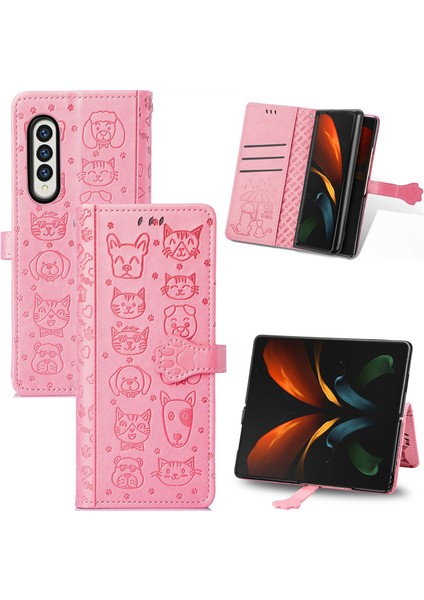 Kılıf Samsung Galaxy Z Katlama 3 Cüzdan Kabartmalı Kapak Etui Housse Kedi Köpek Desen - Pembe (Yurt Dışından)