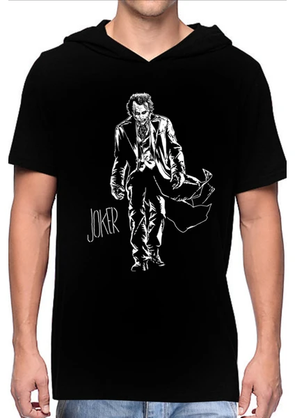 Paltolu Joker Siyah Kapşonlu Kısa Kollu Erkek T-Shirt