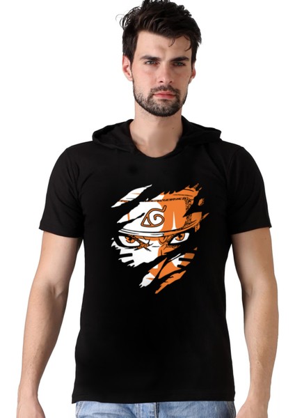 Sert Naruto Siyah Kapşonlu Kısa Kollu Erkek T-Shirt