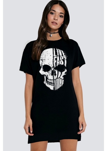 Hızlı Yaşa Siyah Kısa Kollu Penye Kadın T-Shirt Elbise