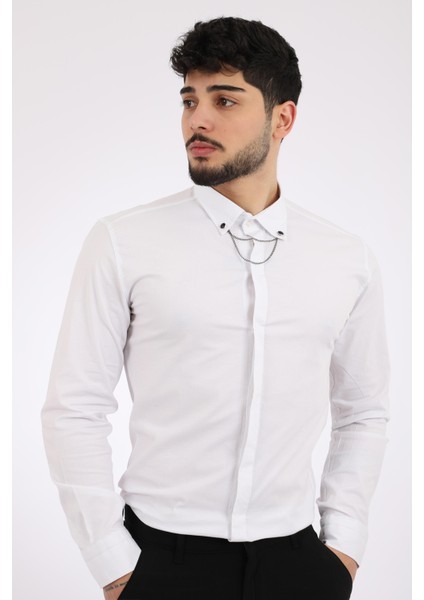 Stil Kombin Slim Fit Likralı Zincirli Gömlek