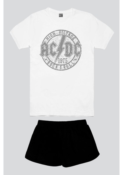 Dairede Acdc Beyaz Kısa Kollu Kadın Şort Takımı