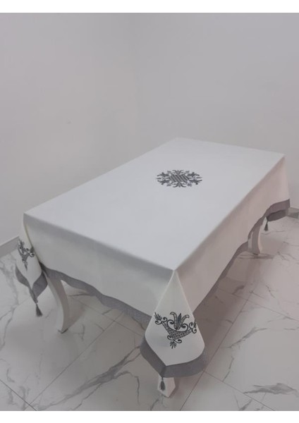 İrem Gri Nakışlı Keten Kumaş Krem Masa Örtüsü 160*220 Cm - 989 indirimleri