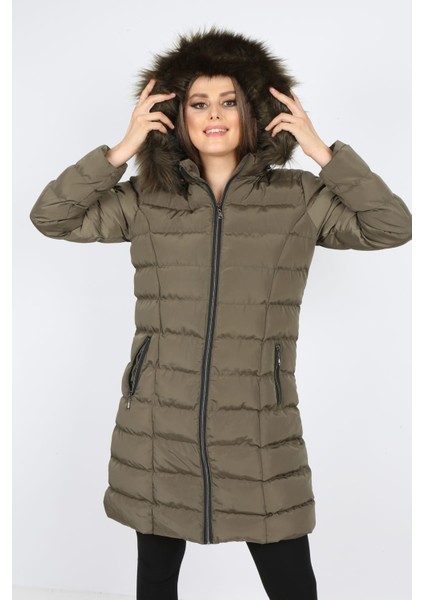 Kadın Haki Yeşili Şişme Uzun Mont Kaban