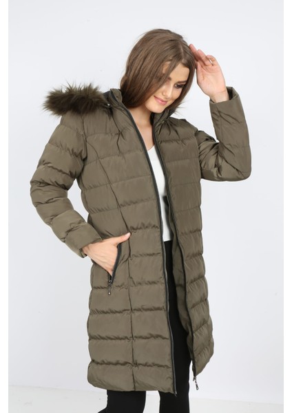 Kadın Haki Yeşili Şişme Uzun Mont Kaban fiyatları