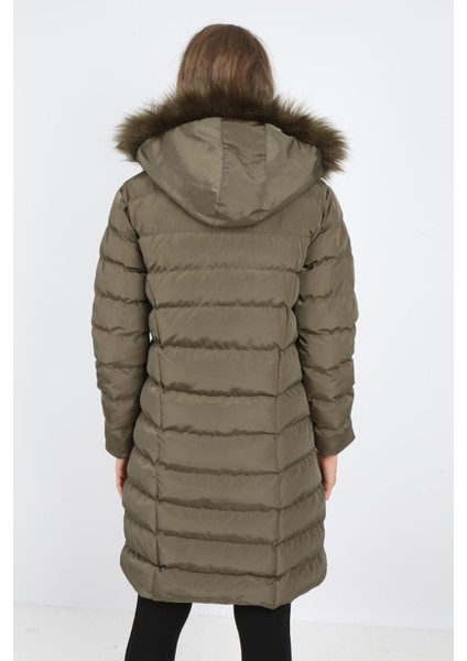 Kadın Haki Yeşili Şişme Uzun Mont Kaban modelleri