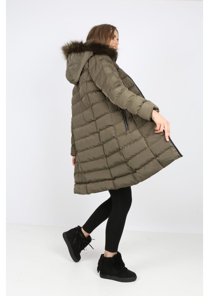 Kadın Haki Yeşili Şişme Uzun Mont Kaban fırsatları