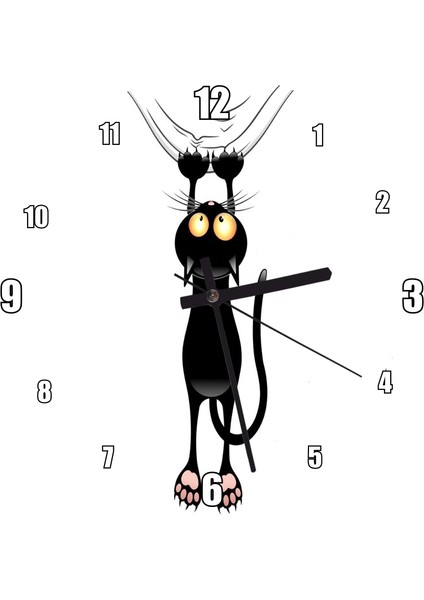 Cakatablo Tırmalayan Asılı Siyah Kedi Görseli Duvar Saati (Çap 30X30 Cm)