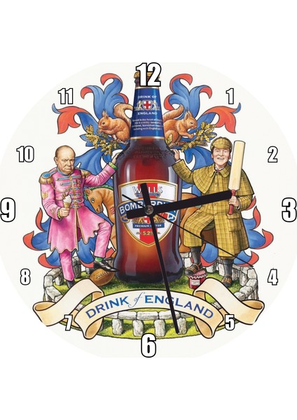 Cakatablo Wells Bombardier Bira Şişesi Illüstrasyon Duvar Saati (Çap 30X30 Cm)