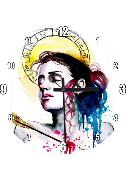 Cakatablo Kadın Figüründe Yay Burcu Figürü Duvar Saati (Çap 30X30 Cm)