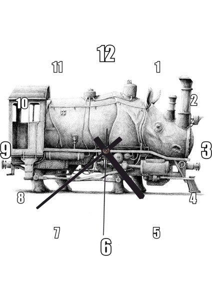 Cakatablo Gergedan ve Lokomotif Karışımı Karakalem Duvar Saati (Çap 30X30 Cm)