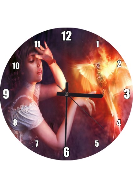 Cakatablo Beyaz Elbiseli Kız ve Zümrüdüanka Kuşu Duvar Saati (Çap 30X30 Cm)