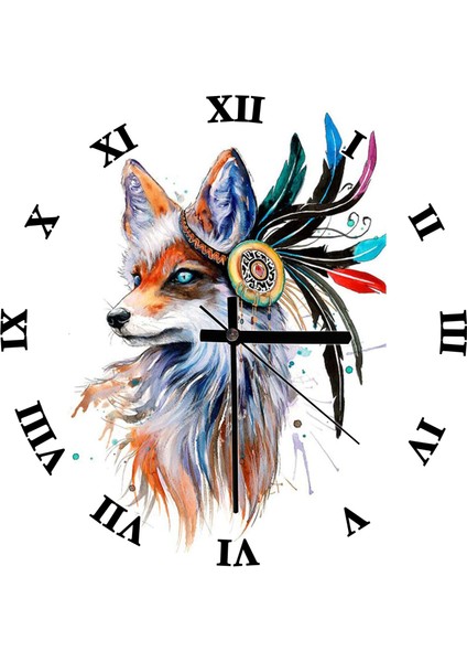 Cakatablo Kızılderili Figürlü Tilki Görseli Duvar Saati (Çap 30X30 Cm)