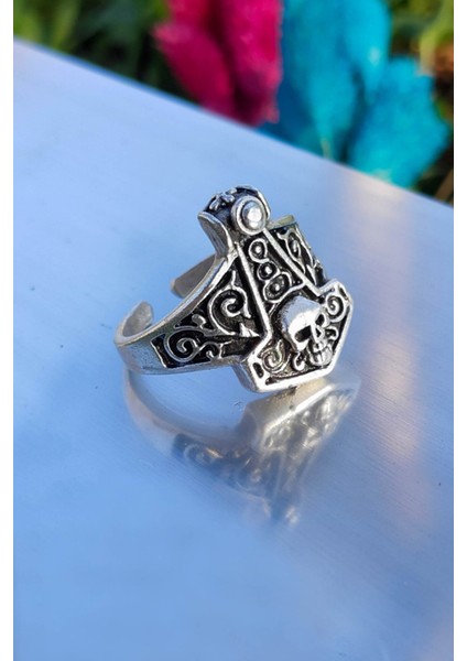 Antik Gümüş Kaplama Viking Kurukafa Model Ayarlanabilir Yüzük