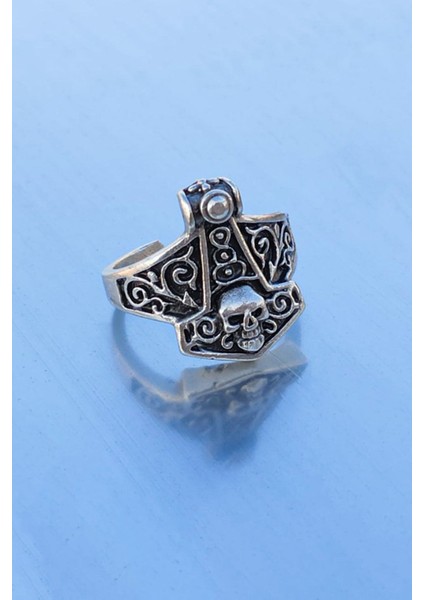 Antik Gümüş Kaplama Viking Kurukafa Model Ayarlanabilir Yüzük