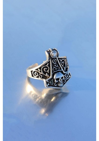 Antik Gümüş Kaplama Viking Kurukafa Model Ayarlanabilir Yüzük