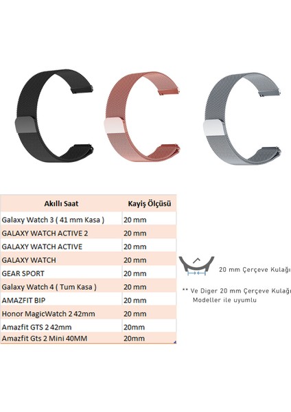 Samsung Galaxy Watch Active 2 Uyumlu Milano Loop Metal Hasır Kordon 20MM (Siyah)