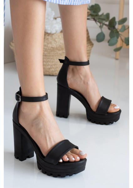 Allyup Kadın Platform Arka Lastikli Tokalı Günlük Kaymaz Taban Küt Burun Topuklu Abiye Ayakkabı 255